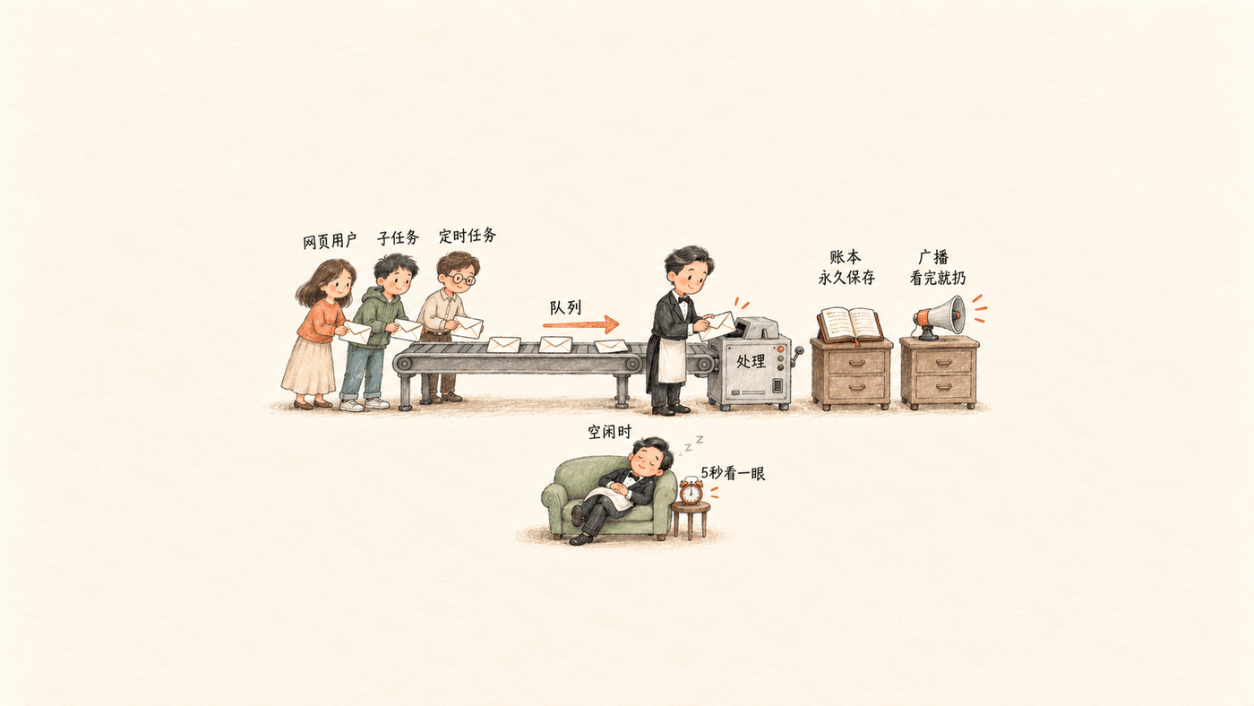 暖色手绘运行时示意图:网页用户、子任务和定时任务向同一队列投递消息,一位管家顺序处理;下方展示管家的空闲休眠状态,右侧分别是持久账本和临时广播。