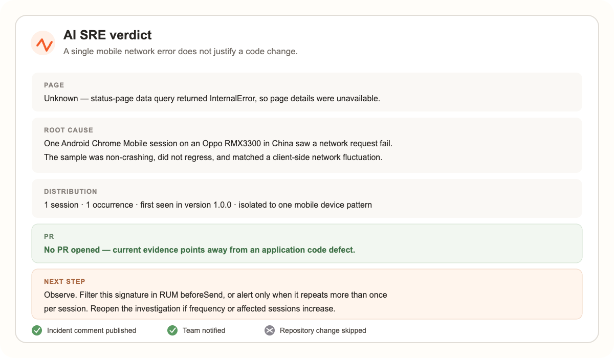 AI SRE records a no-code-change verdict for a one-off mobile network failure